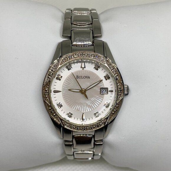 Bulova Diamonds date women’s watch Silver Tone mop Dial  c660844 size 6” running main image 9